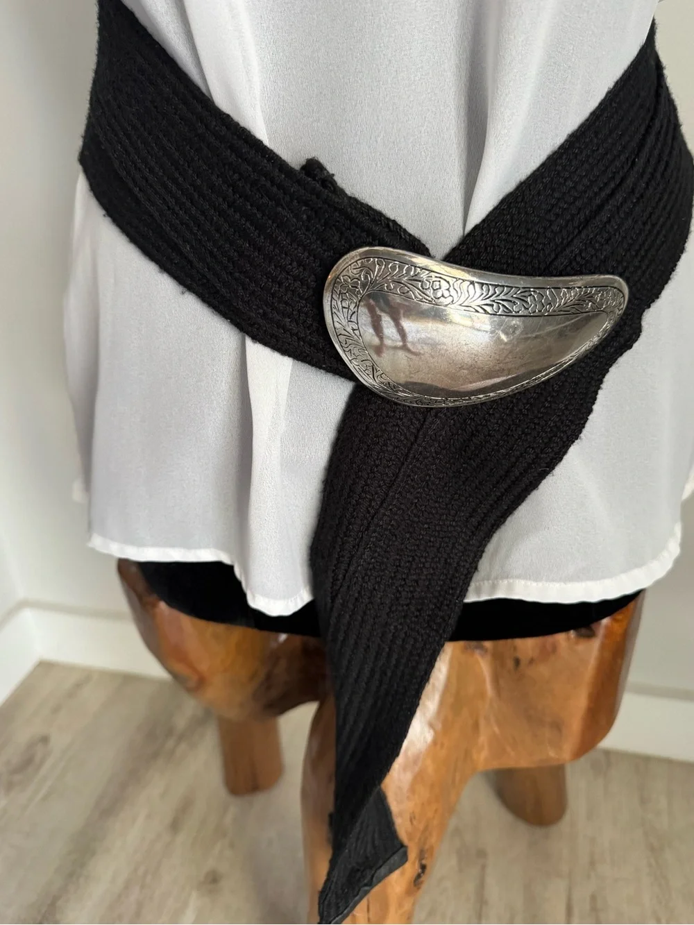 Vintage Boho Black Chunky Knit & Silver Tone Large Concho Belt w Adjustable Fit